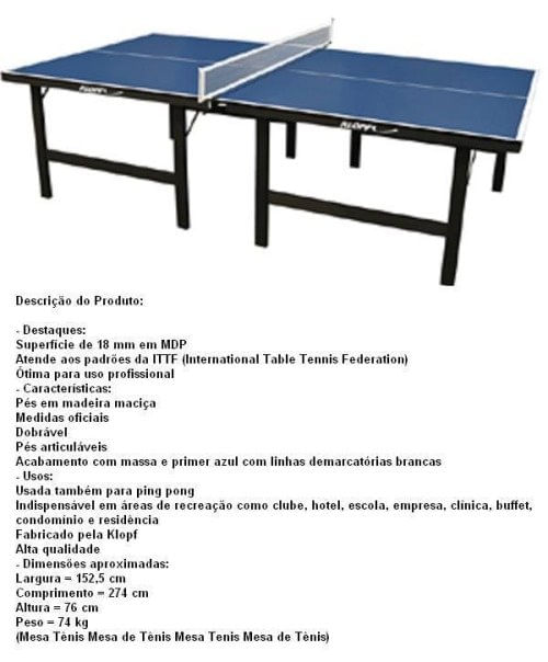 Mesa de Tênis Klopf MDF Azul 1019/1619