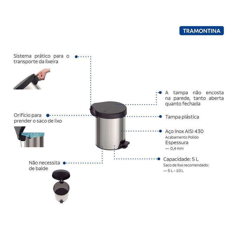 lixeira tramontina com pedal new em aço 5l - 94538705