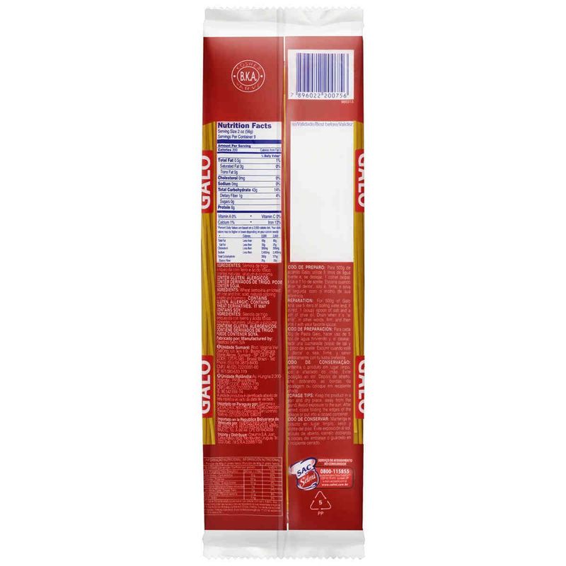 macarrão de sêmola galo espaguete 500g