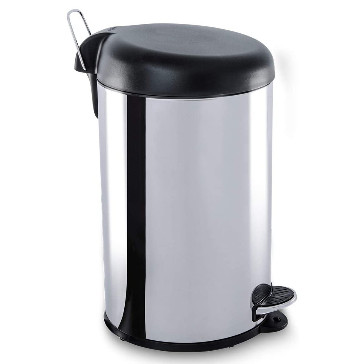 Lixeira em Aço Inox 12 L Redonda com Pedal Inox e Tampa Plástica Preta 3048/203 Decorline