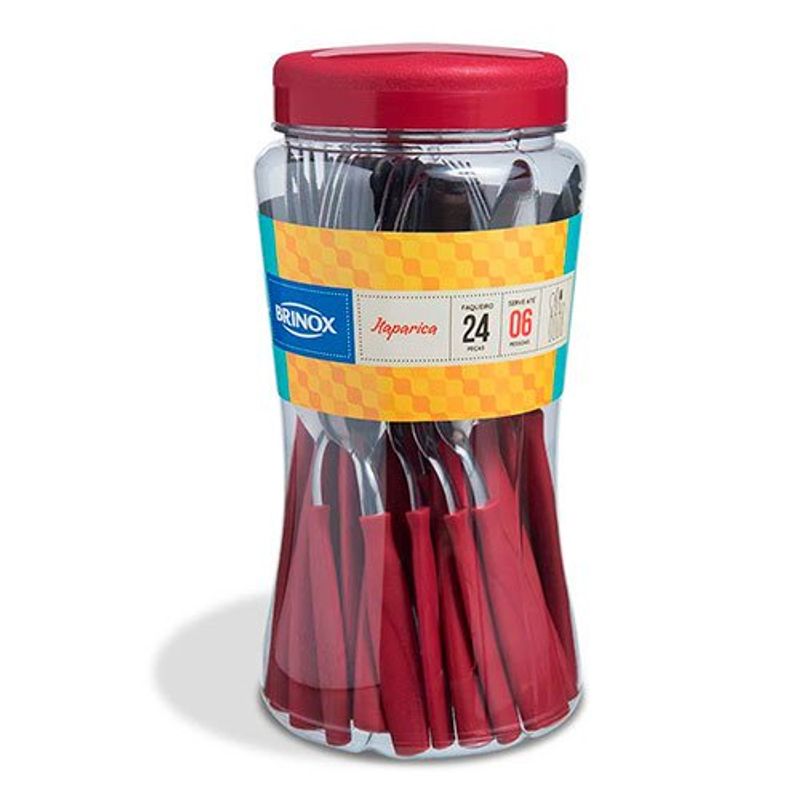 conjunto de talheres 24 peças brinox itaparica lâmina aço inox cabo plástico vermelho