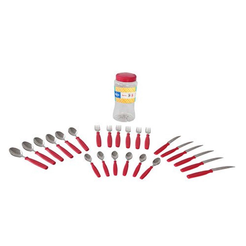 conjunto de talheres 24 peças brinox itaparica lâmina aço inox cabo plástico vermelho