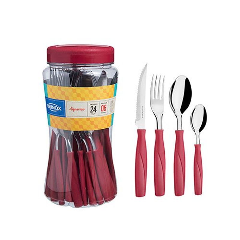 conjunto de talheres 24 peças brinox itaparica lâmina aço inox cabo plástico vermelho