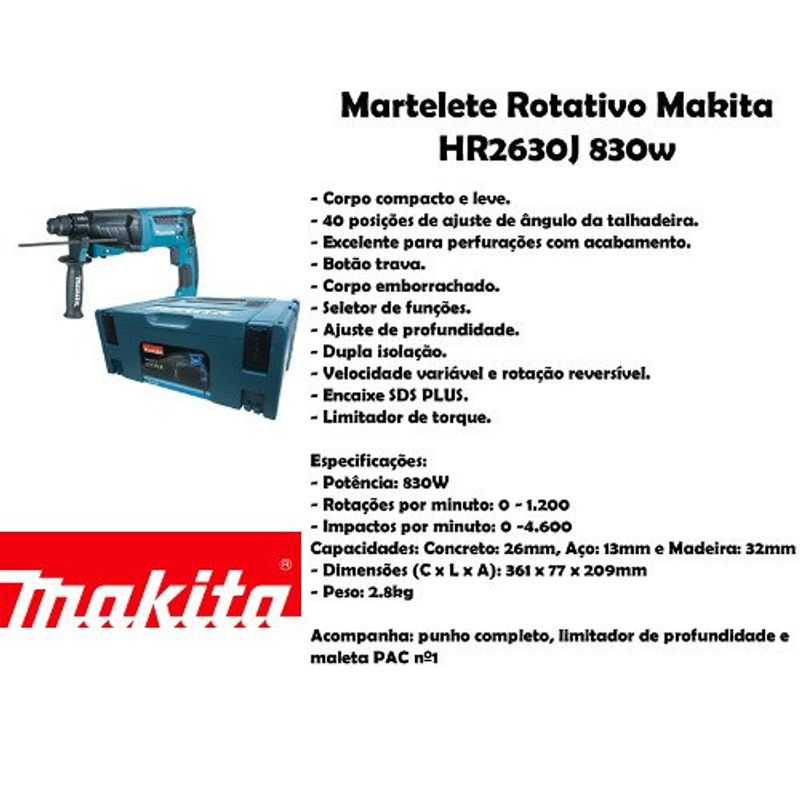 martelete combinado makita 830w 1200rpm 127v azul - hr2630