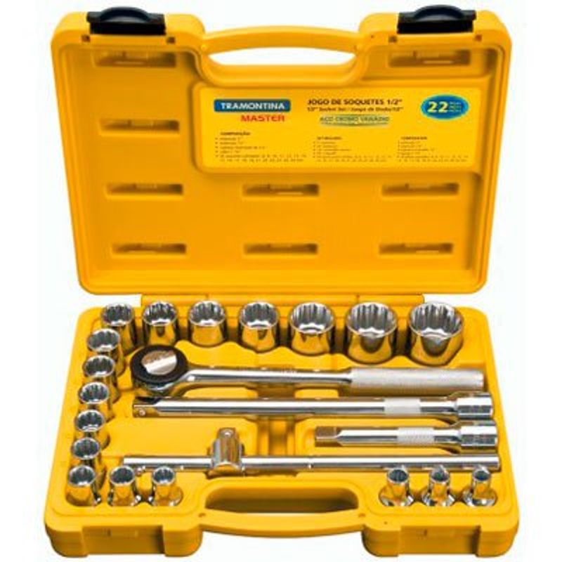 conjunto de soquetes encaixe 1/2 22 peças tramontina com maleta 43600/022