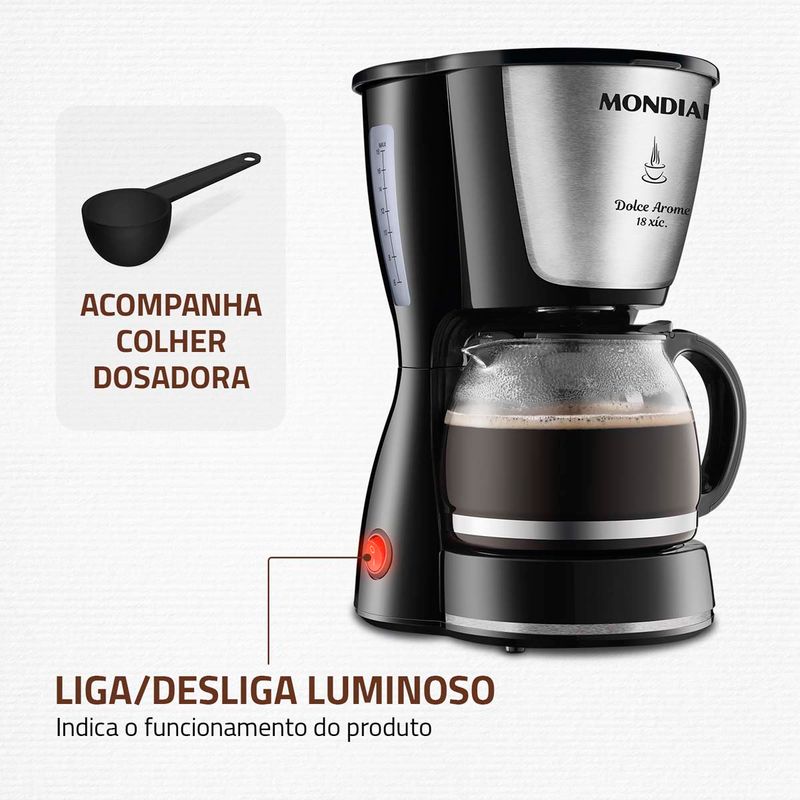 cafeteira elétrica mondial dolce arome jarra vidro 127v 550w 18 xícaras preto e inox c-30