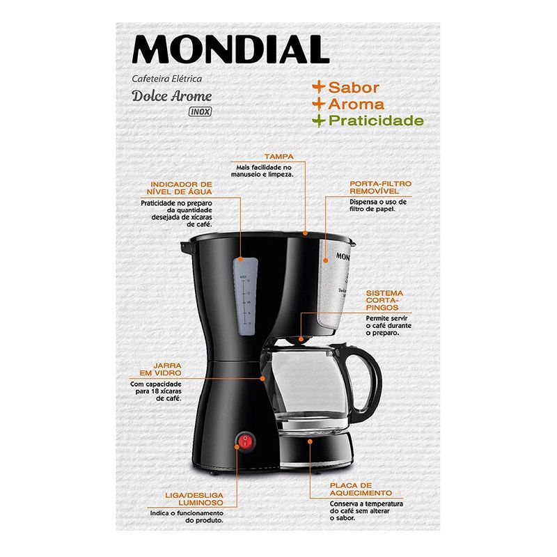 cafeteira elétrica mondial dolce arome jarra vidro 127v 550w 18 xícaras preto e inox c-30