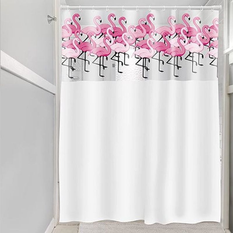 cortina para box de banheiro garfox flamingos branco e rosa