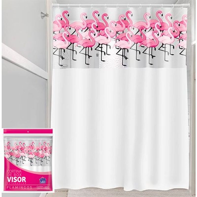 cortina para box de banheiro garfox flamingos branco e rosa