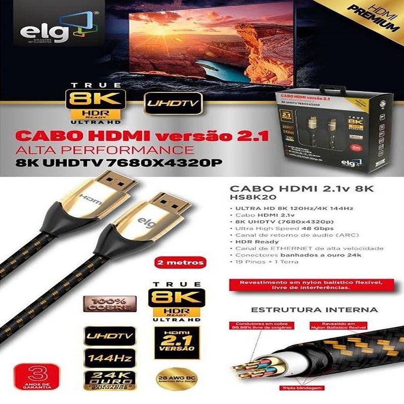 cabo hdmi elg pedestais v2.1 8k ultra hd hs8k20 2 metros