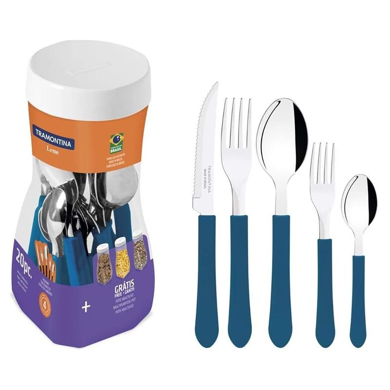 jogo faqueiro 20 peças leme tramontina com lâmina aço inox e cabo polipropileno azul