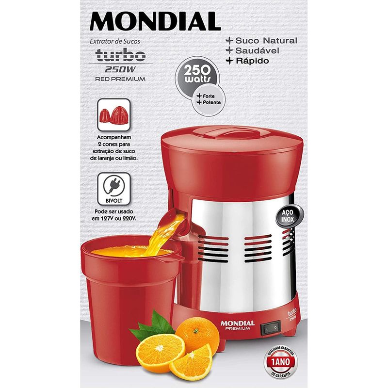 espremedor de frutas mondial e-24 bivolt turbo 250w vermelho inox