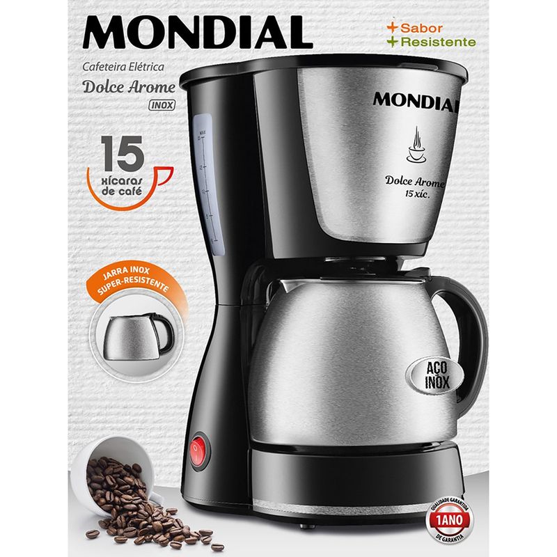 cafeteira elétrica mondial dolce arome jarra inox 127v 550w 15 xícaras preto e inox - c-34ji-15x