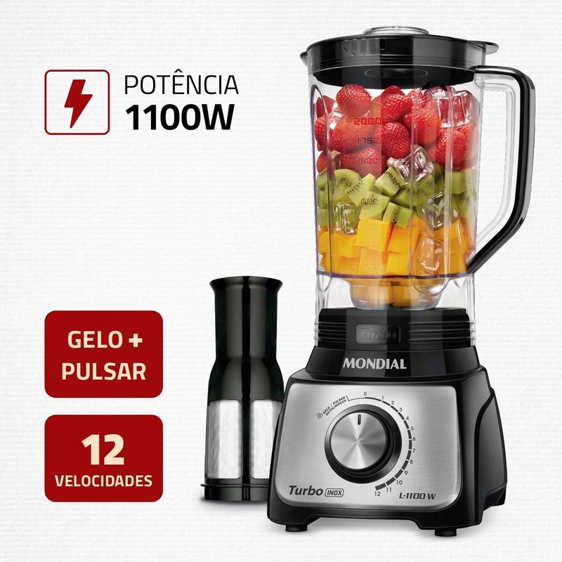 liquidificador mondial turbo inox l-1100-bi, capacidade 2 litros, potência 1100w, 12 velocidades - preto