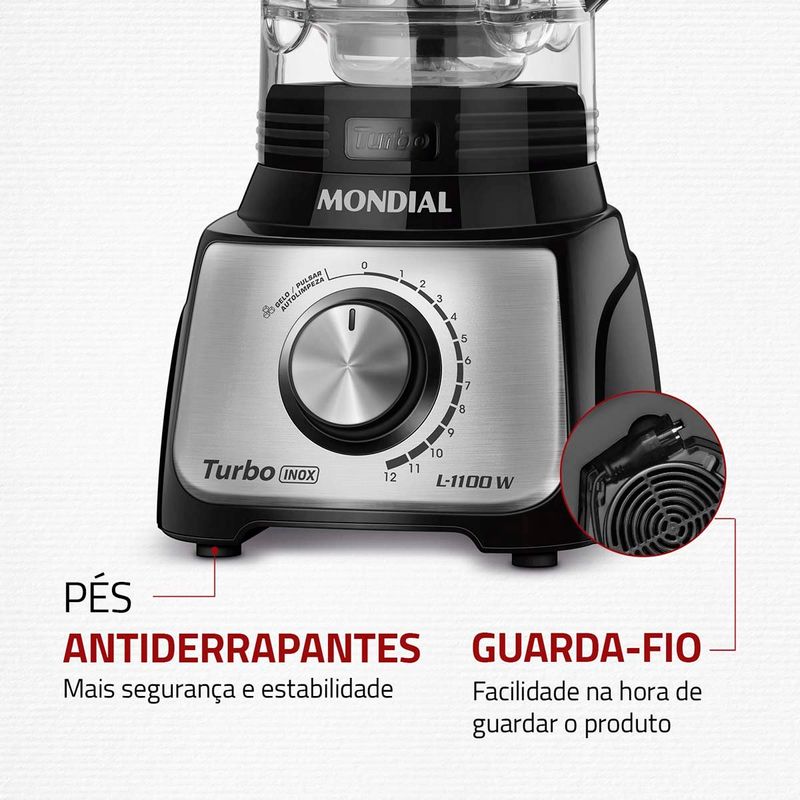 liquidificador mondial turbo inox l-1100-bi, capacidade 2 litros, potência 1100w, 12 velocidades - preto