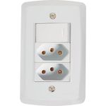 conjunto tomada dupla 2p t com interruptor simples de embutir tramontina lux2 250v 20a branco (mp)