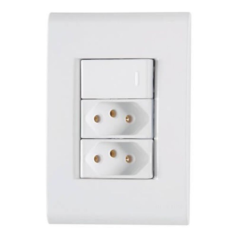 conjunto tomada dupla 2p+t com interruptor simples de embutir tramontina liz 250v 20a branco (mp)