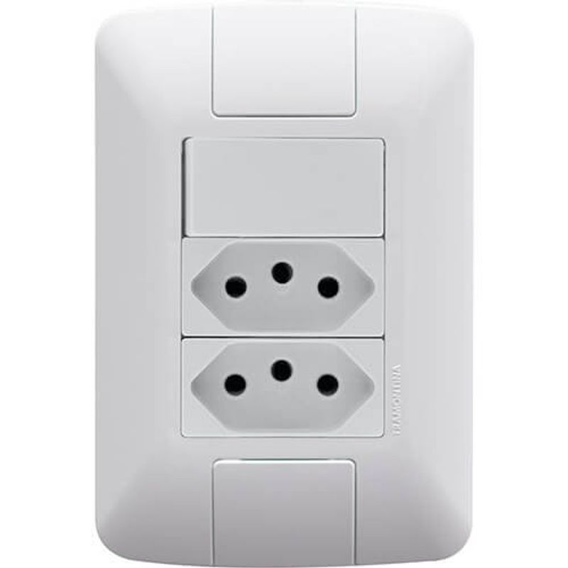 conjunto tomada dupla 2p+t com interruptor simples de embutir tramontina aria 250v 20a branco (mp)
