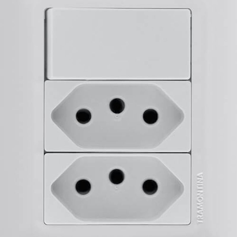 conjunto tomada dupla 2p+t com interruptor simples de embutir tramontina aria 250v 20a branco (mp)