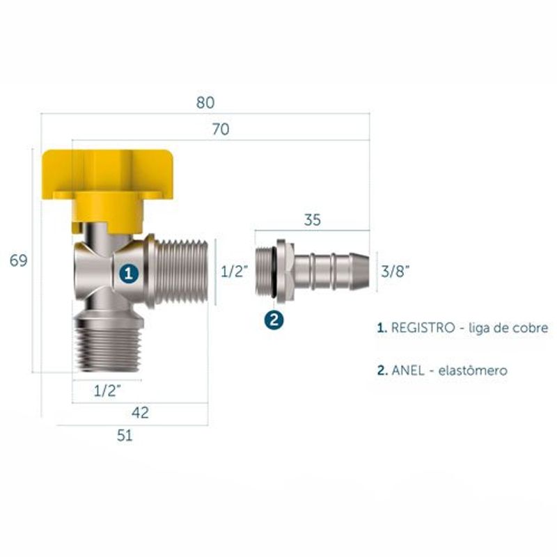 registro esférico 90° para gás blukit 1/2 bsp x 1/2 (mp)