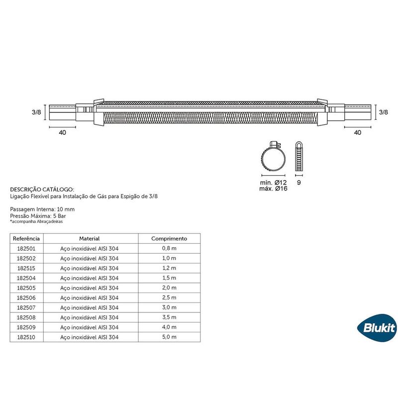 ligação flexível de gás para espigão blukit 1,2m aço inox (mp)