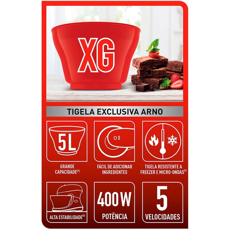 batedeira arno chef 400w, 5 litros, vermelha - sm02
