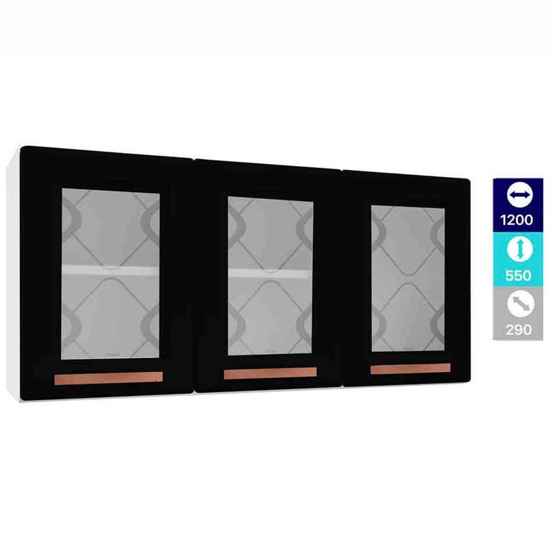 armário aéreo telasul mirage new 3 portas com vidro branco e preto