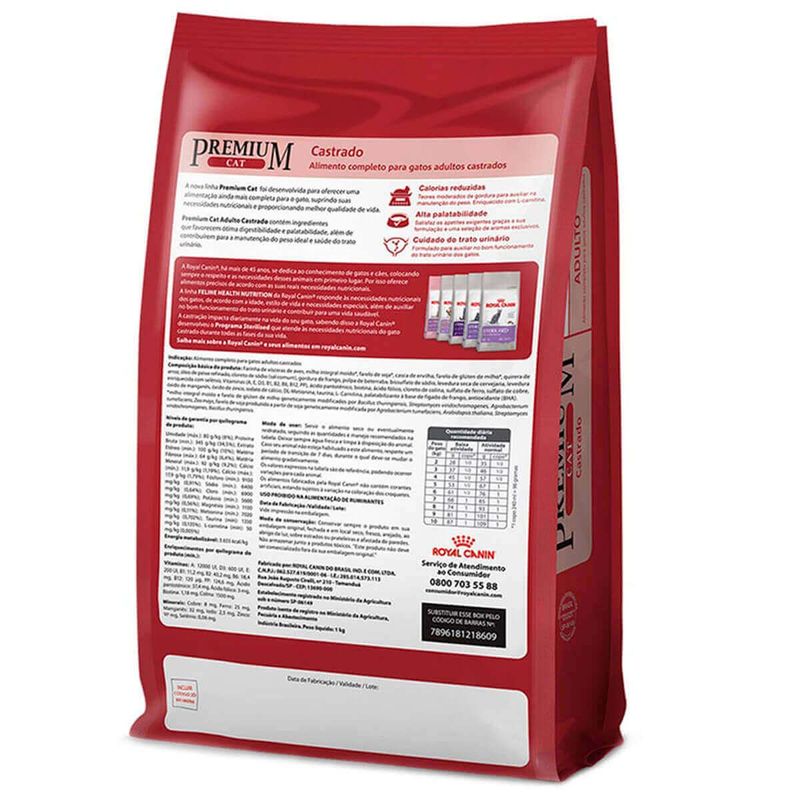 ração royal canin para gatos adultos premium cat castrado 1kg (mp)