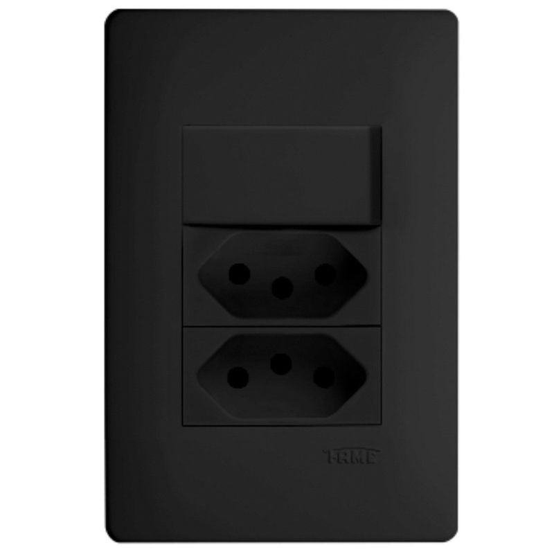 conjunto tomada dupla + interruptor simples de embutir fame habitat 250v 20a 4065 preta (mp)