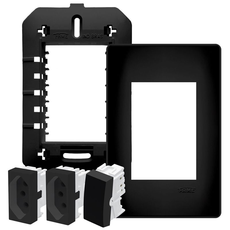 conjunto tomada dupla + interruptor simples de embutir fame habitat 250v 20a 4065 preta (mp)