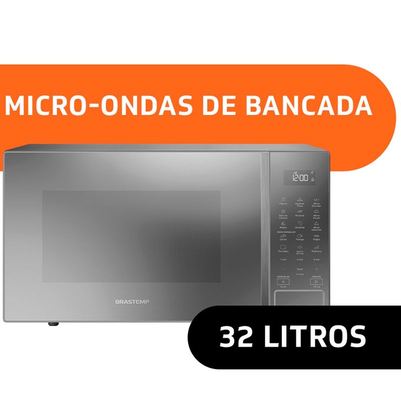 micro-ondas brastemp 32 litros 127v menu gourmet cinza espelhado bms46arana