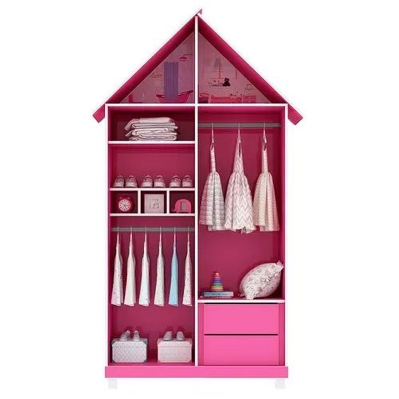 guarda-roupa infantil 2 portas gelius casinha 2 gavetas rosa e branco 751241