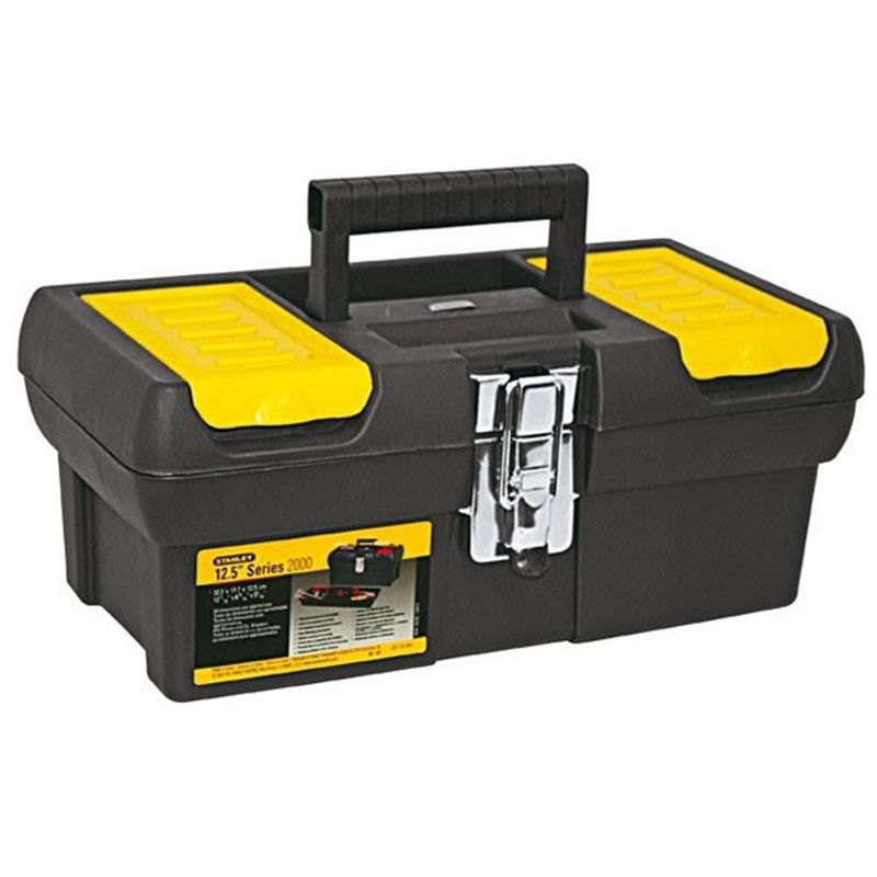 caixa de ferramentas stanley em plástico com alça e trava de segurança amarelo e preto 13013