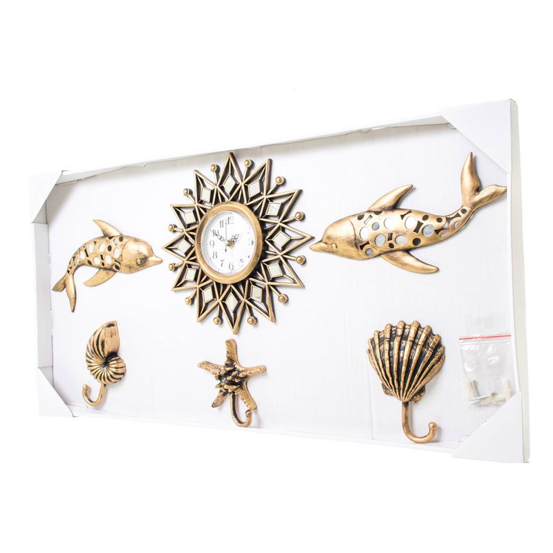 relógio de parede e decoração praia 6 peças dourado kd721351