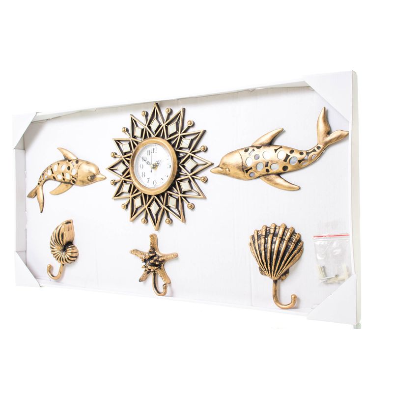 relógio de parede e decoração praia 6 peças dourado kd721351