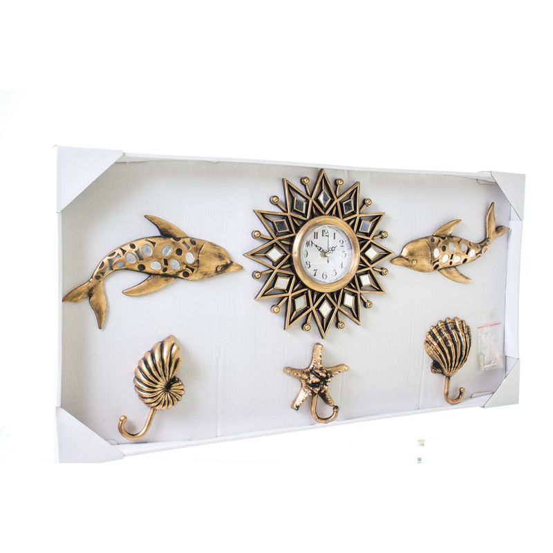 relógio de parede e decoração praia 6 peças dourado kd721351