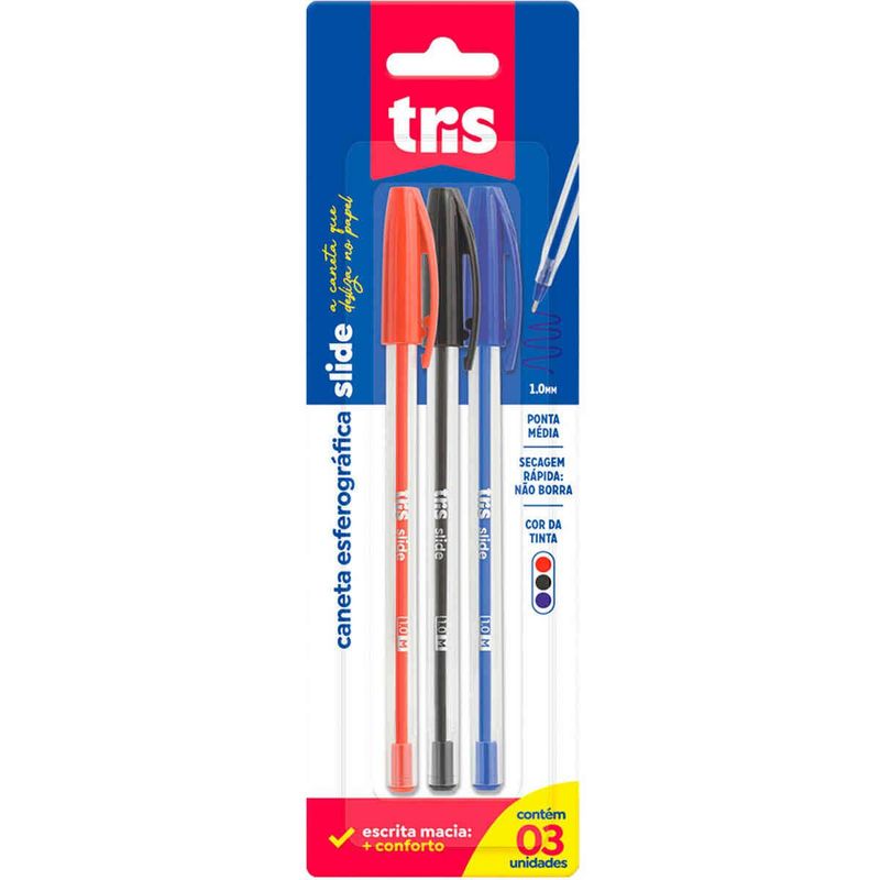 caneta tris esferográfica slide com 3 unidades vermelho/preto/azul 601014