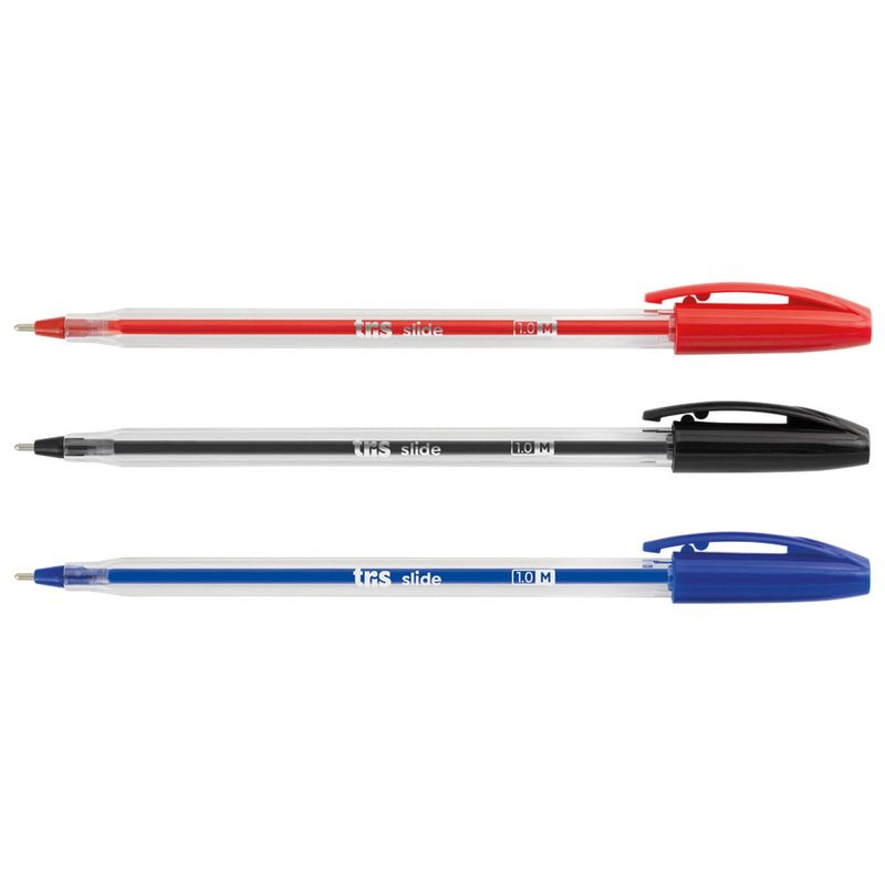 caneta tris esferográfica slide com 3 unidades vermelho/preto/azul 601014