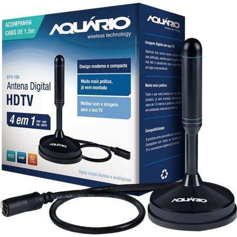 antena interna aquário dtv-100 vhf uhf hdtv fm 890 mhz preto