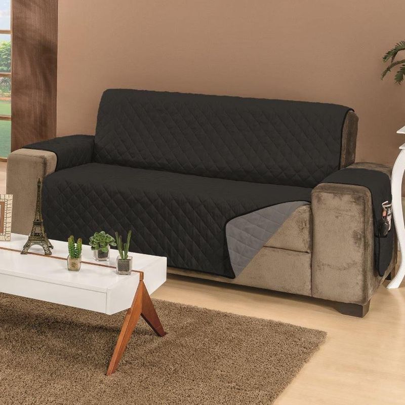 protetor de sofá dupla face 3 lugares rf enxovais manu cinza e preto