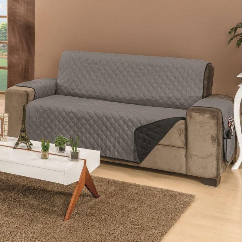 protetor de sofá dupla face 3 lugares rf enxovais manu cinza e preto