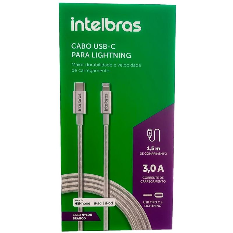 cabo usb-c intelbras lightning 1,5m nylon branco eual 15nb (mp)