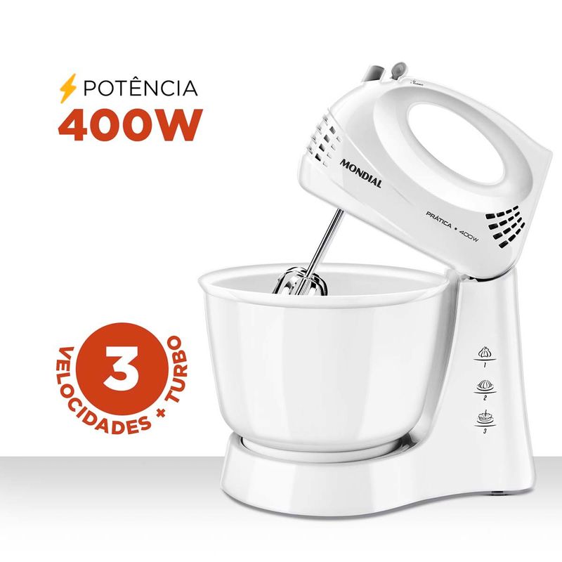 batedeira mondial prática 3,6 litros 400w b-44-w 3 velocidades + pulsar branco 127v