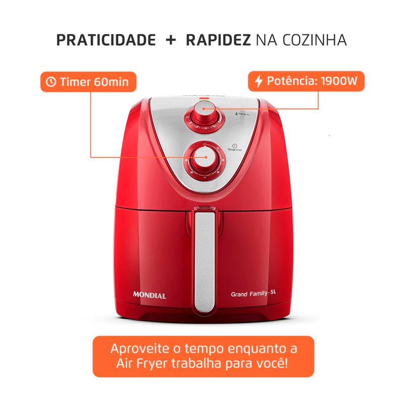fritadeira elétrica mondial air fryer grand family 5l 127v 1900w 127v vermelho e inox afn-50-ri