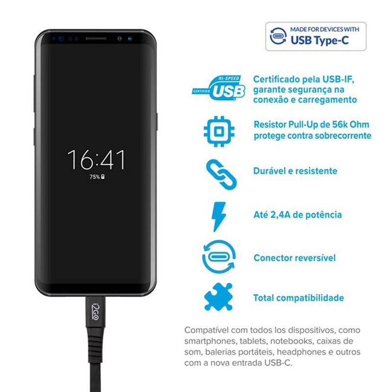 cabo usb-c i2go 1.2m preto 716
