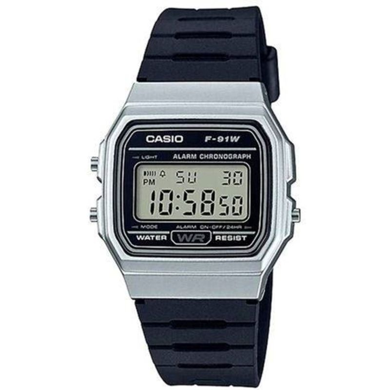 relógio casio standard digital unissex caixa e pulseira em resina f-91wm-7adf prata e preto