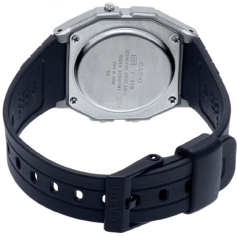 relógio casio standard digital unissex caixa e pulseira em resina f-91wm-7adf prata e preto