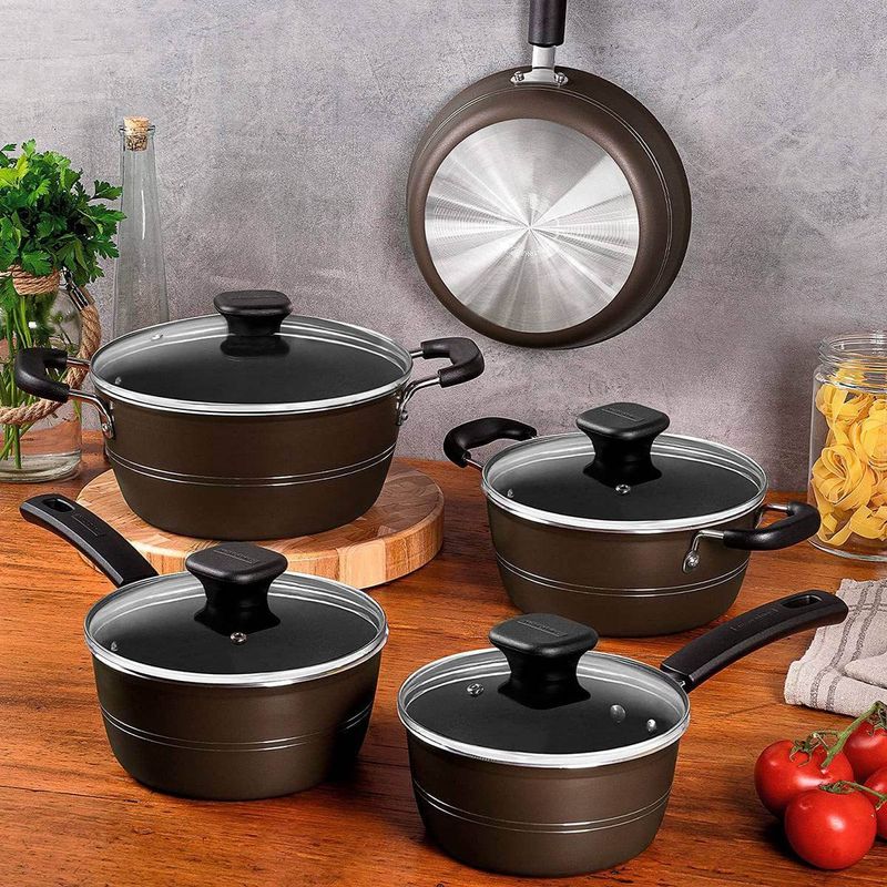 jogo de panelas 05 peças tramontina sicília em alumínio antiaderente starflon excellent avelã