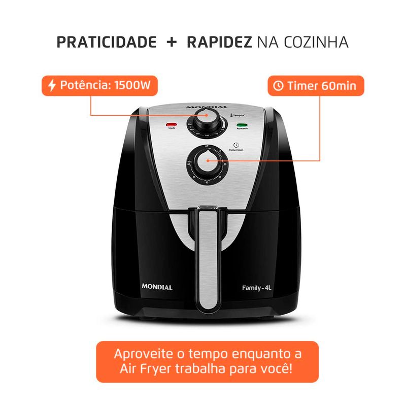 fritadeira elétrica mondial air fryer grand family 4l 127v 1500w preto e inox afn-40-bi