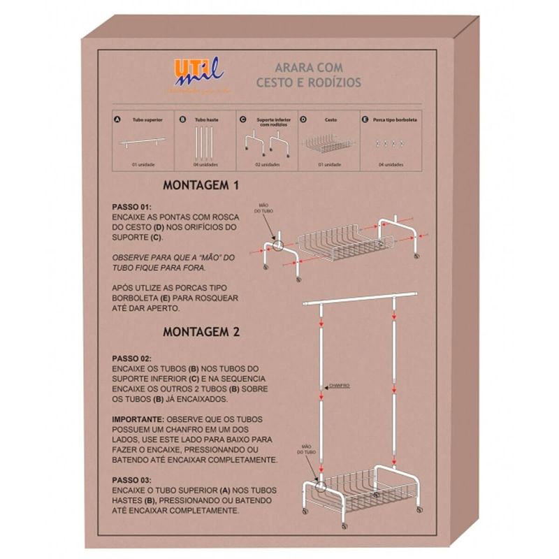 arara para roupas com cesto e rodinhas utimil ac991